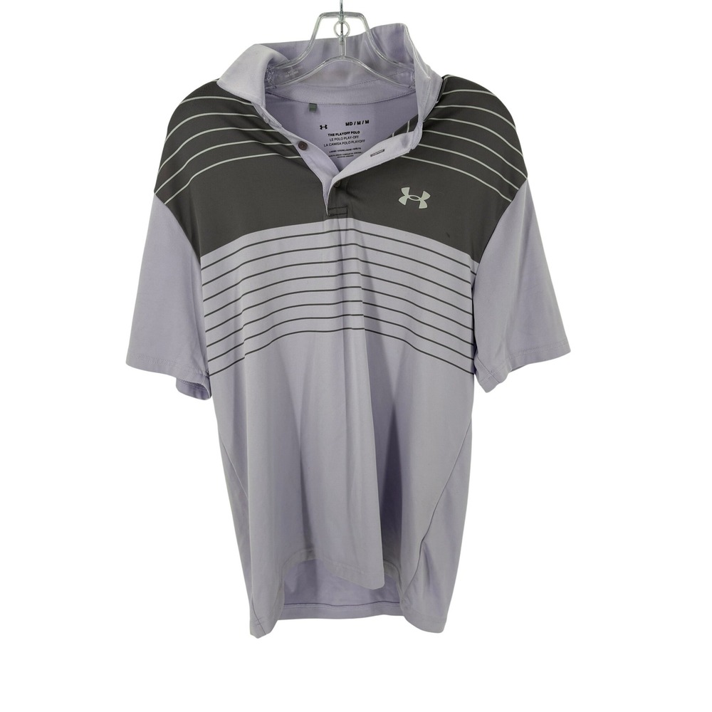 Under Armour Golf Polo Shirt Men's Medium Purple Gray Stripe Short Sleeve